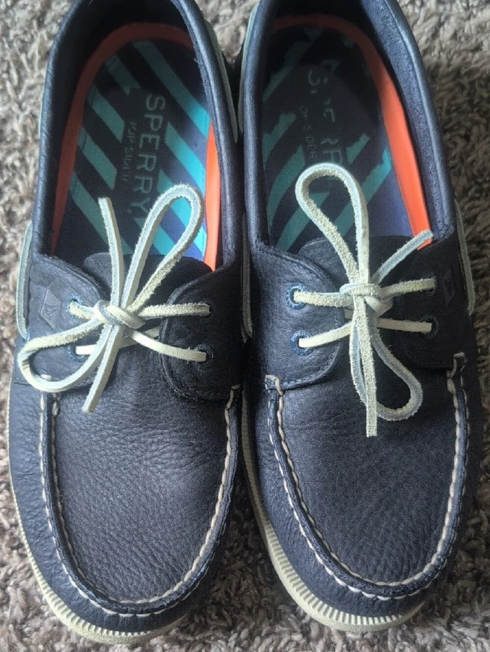 Sperry Navy Leather Boat Shoes with Cream Laces and Striped Insoles